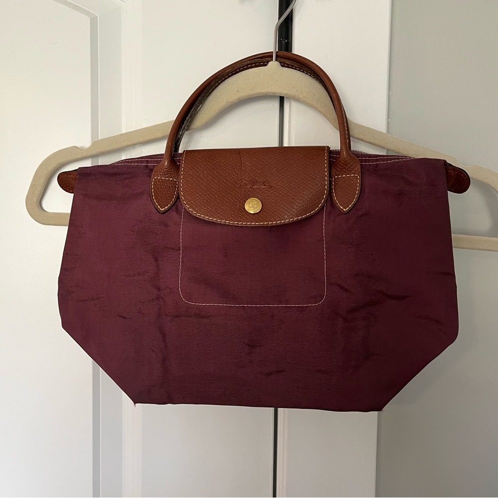 Longchamp small le pliage top handle nylon bag burgundy